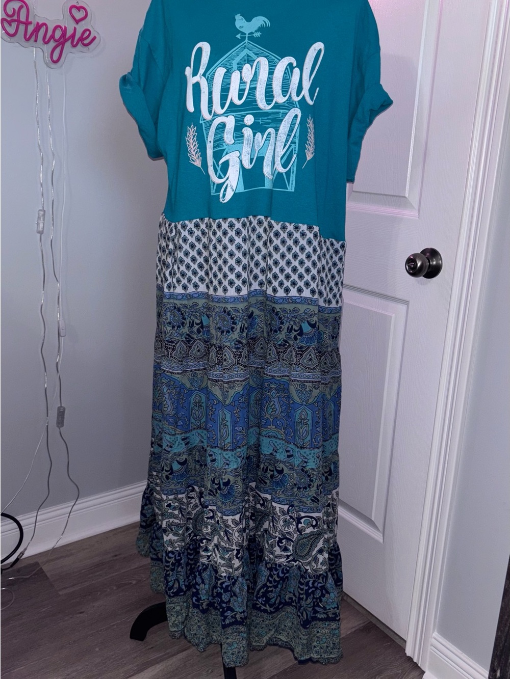 One-of-a-kind Upcycled “Rural Girl" Graphic Maxi Dress